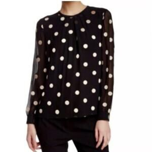 Kate Spade Silk Blouse Embroidered Polka Dots Black Tan SZ 0 Quiet Luxury Office